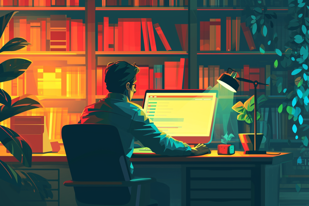 Freelancer pracujący przy biurku w domowym biurze, z komputerem przedstawiającym kod strony internetowej, otoczony przez półki z książkami i rośliny doniczkowe, podkreślając przytulną i produktywną atmosferę nocnej pracy