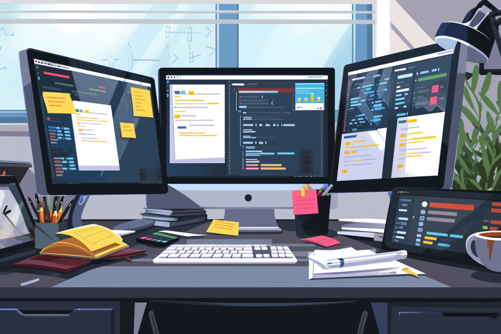 Zaawansowane stacje robocze z wieloma monitorami wyświetlające kod i analizę danych SEO, niezbędne narzędzia do skutecznego copywritingu SEO.