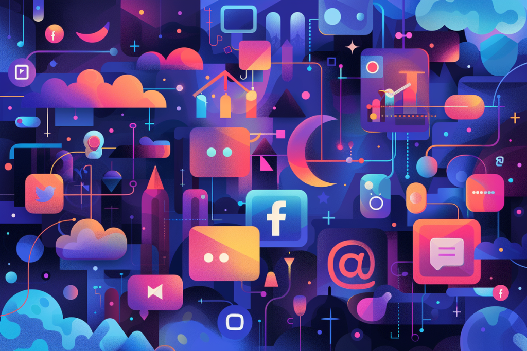Illustracja z elementami mediów społecznościowych takimi jak ikony Facebooka, Twittera, Instagrama, i YouTube, połączone kolorowymi liniami, reprezentująca zintegrowane podejście do marketingu w social mediach dla rozwoju obecności marki.