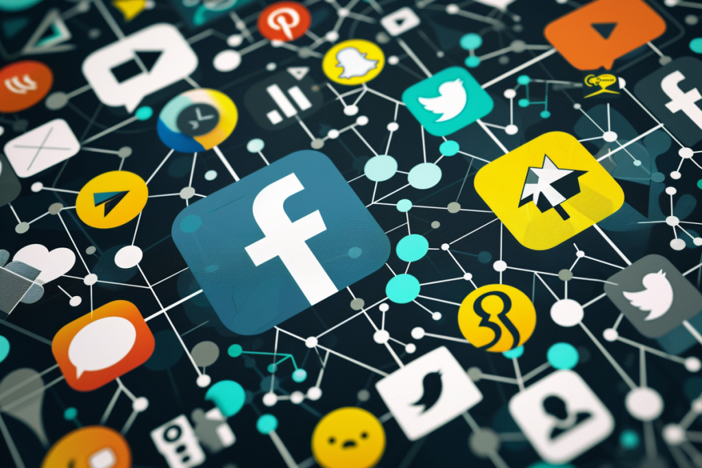 Ikony mediów społecznościowych, w tym Facebook i Twitter, na cyfrowym wyświetlaczu symbolizujące zarządzanie i wzrost zaangażowania w mediach społecznościowych.