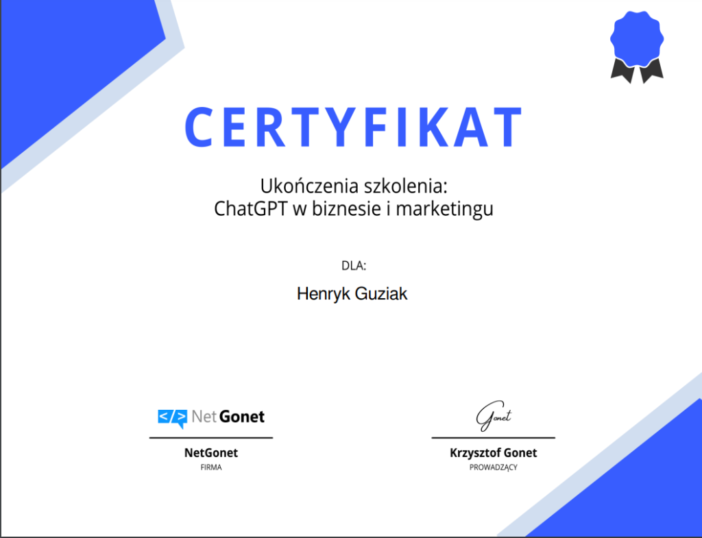Certyfikat chatGPT w biznesie i marketingu