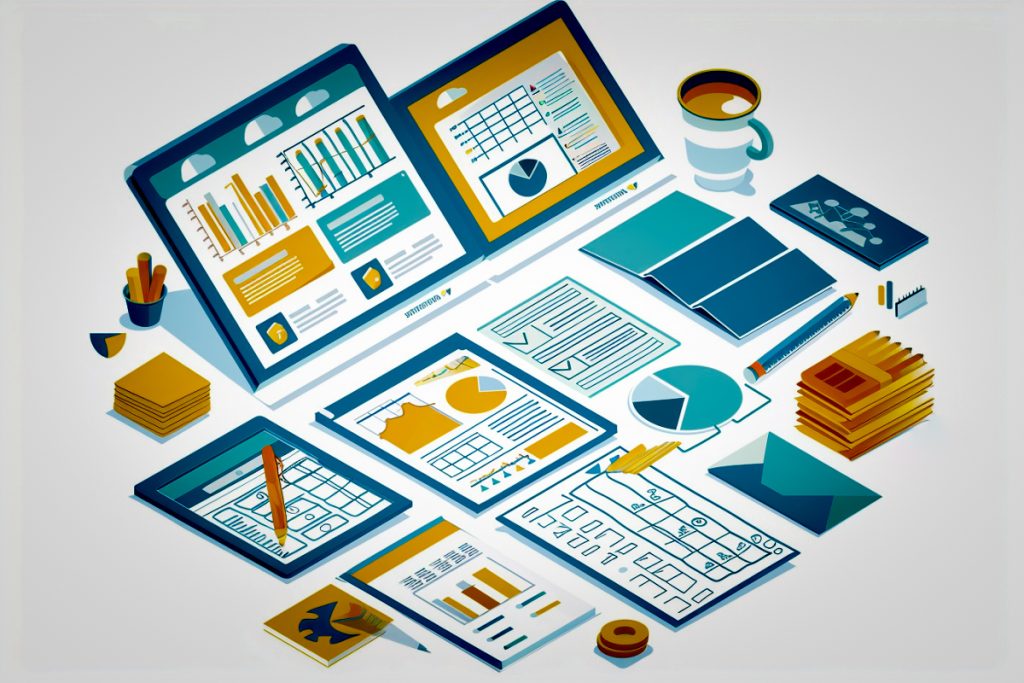 Isometria biurka z elementami projektowania strony internetowej, w tym wykresami, szkicami i narzędziami, ilustrująca planowanie budżetu i kosztów tworzenia witryny.