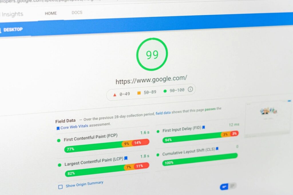Ekran z raportem Google PageSpeed Insights i wynikiem 99 punktów, analiza szybkości i Core Web Vitals strony internetowej