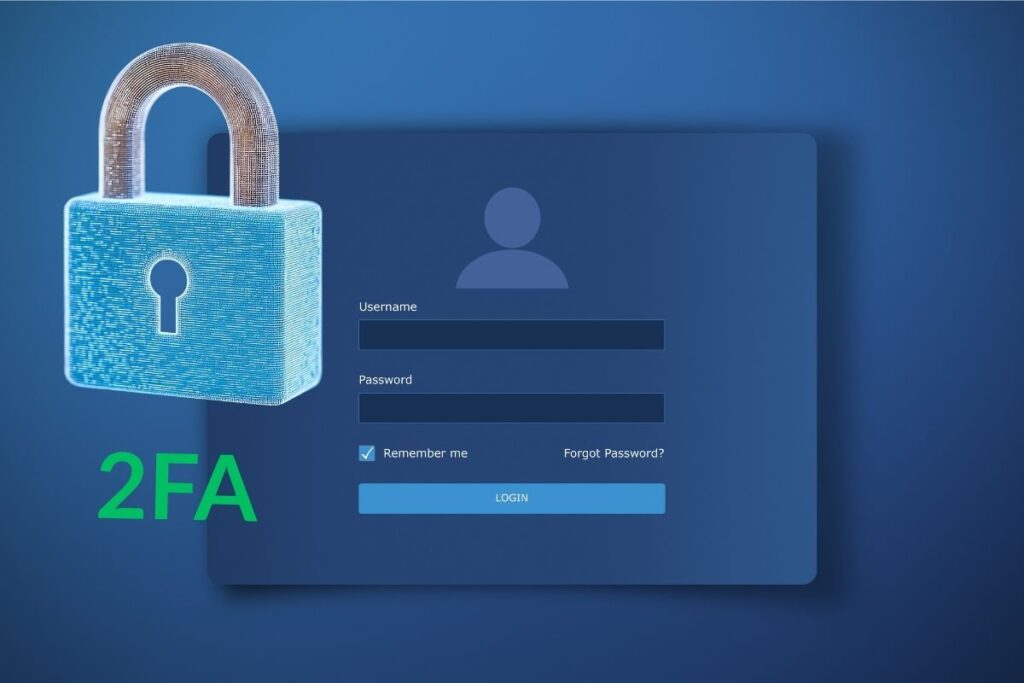 Grafika przedstawiająca logowanie dwuetapowe (2FA) z symbolem kłódki obok formularza logowania.