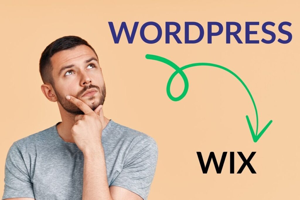 Zamyślony mężczyzna zastanawiający się nad wyborem między platformami WordPress i Wix.