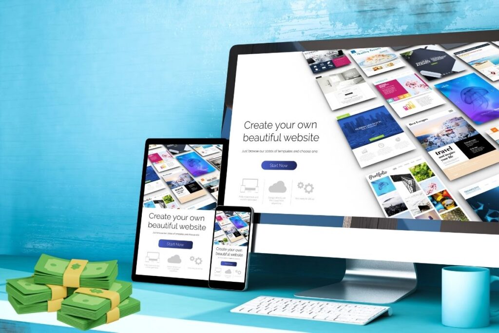 Biurko z laptopem, tabletem i smartfonem prezentującymi proces tworzenia strony internetowej obok leżących plików gotówki.