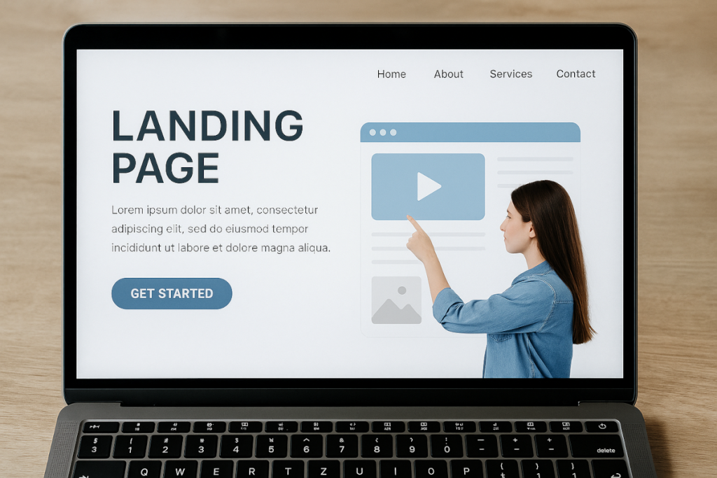 Laptop z otwartą stroną typu landing page i grafiką wideo. Kobieta wskazuje element strony. Koncepcja projektowania i konwersji online.