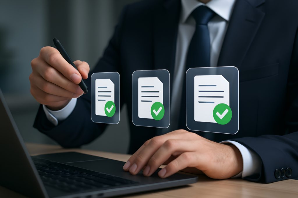 Biznesmen w garniturze aktualizujący dokumenty na laptopie, co symbolizuje regularną aktualizację wizytówki Google.