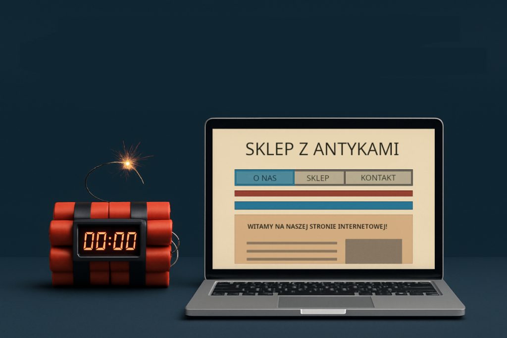 Grafika symbolizująca zagrożenie dla przestarzałej strony internetowej - laptop z staromodną stroną i tykająca bomba zegarowa obok.