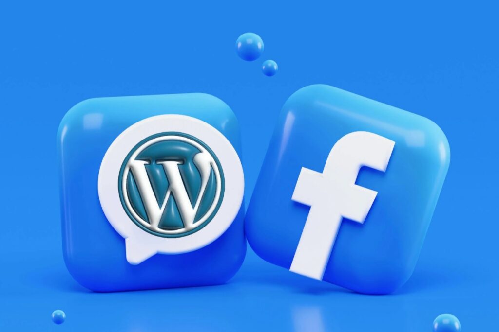 Ikony WordPress i Facebook na niebieskim tle, porównanie strony internetowej i fanpage dla małej firmy