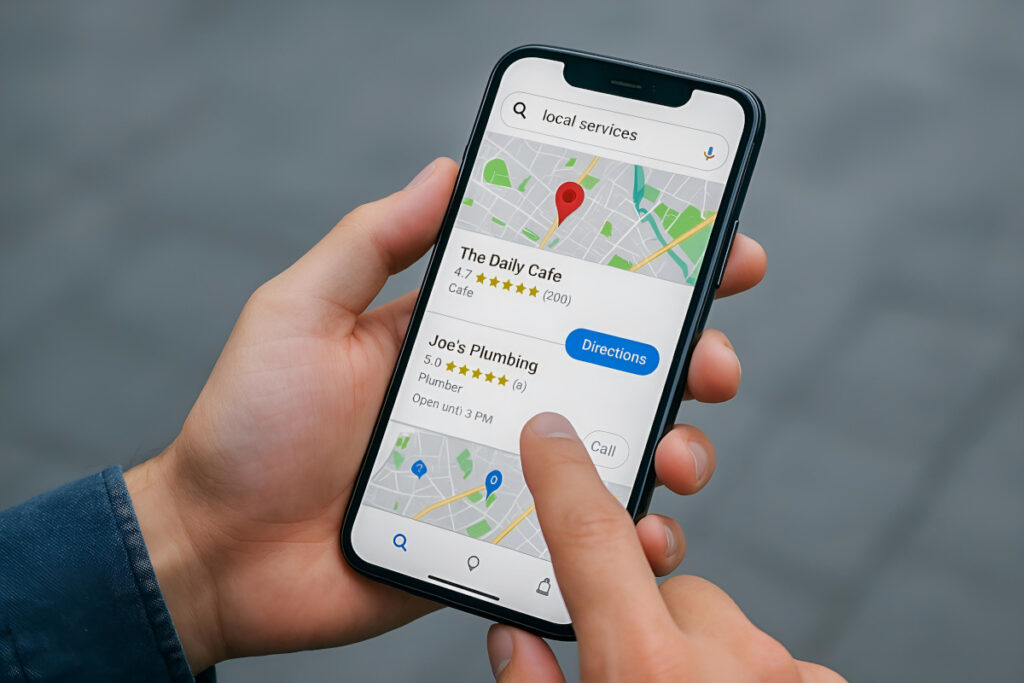 Telefon w dłoni z lokalnymi wynikami wyszukiwania w Google dla pizzerii – przykład, co tracisz bez wizytówki Google
