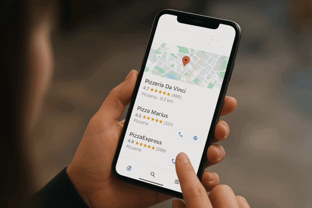 Telefon w dłoni pokazujący lokalne wyniki wyszukiwania w Google dla pizzerii.
