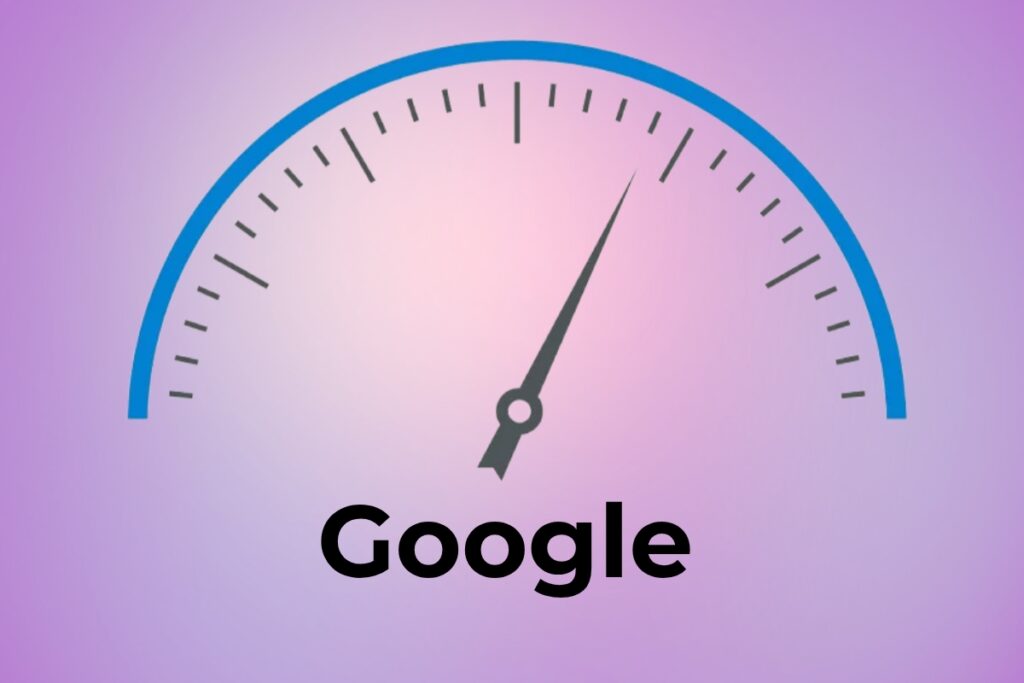 Wskaźnik wyników i napis „Google” – symbol wzrostu efektów po optymalizacji wizytówki Google