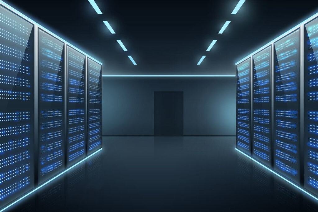 Nowoczesna serwerownia symbolizująca profesjonalny, płatny hosting, który gwarantuje bezpieczeństwo i szybkość strony internetowej, w przeciwieństwie do darmowych rozwiązań.