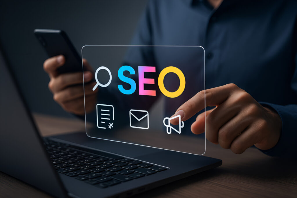 Ekran z napisem SEO i ikonami treści – planowanie i optymalizacja tekstów SEO na stronę internetową