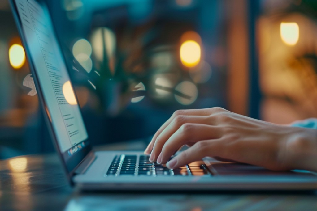 Pisanie artykułu blogowego na laptopie – pozycjonowanie strony i budowanie widoczności w Google