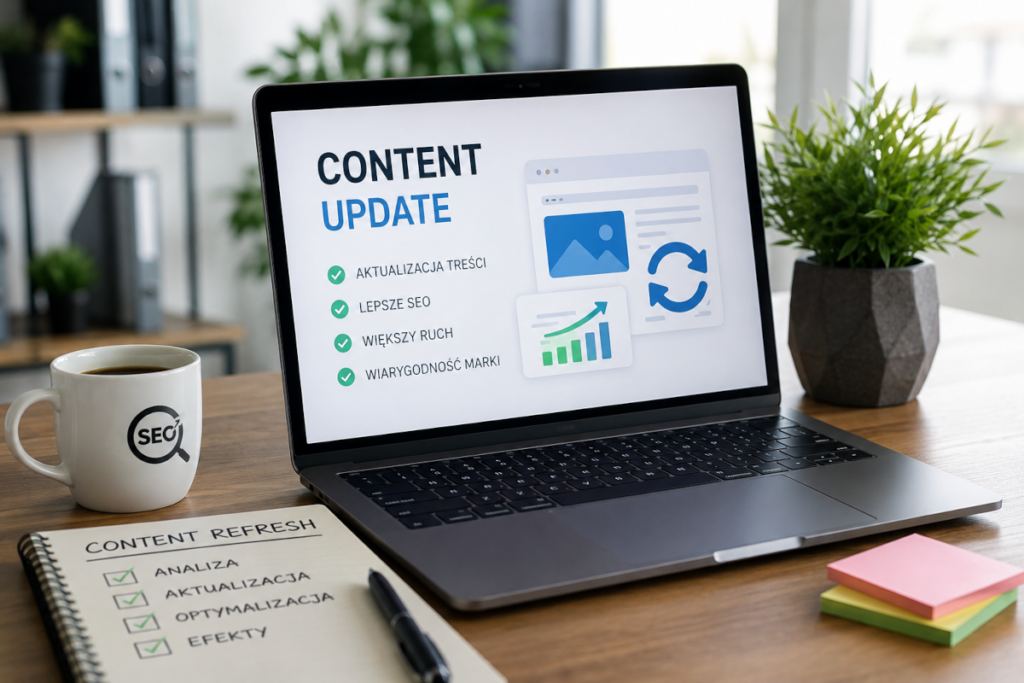 Laptop z analizą content refresh i SEO na ekranie, przedstawiający aktualizację treści na stronie internetowej w celu poprawy widoczności w Google.