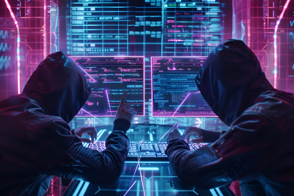 Dwóch hakerów w kapturach atakujących stronę internetową przy podświetlonych neonowo monitorach