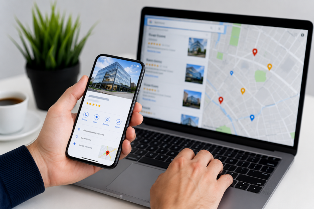 Pozycjonowanie wizytówki Google w Mapach Google na laptopie i smartfonie podczas optymalizacji Profilu Firmy Google