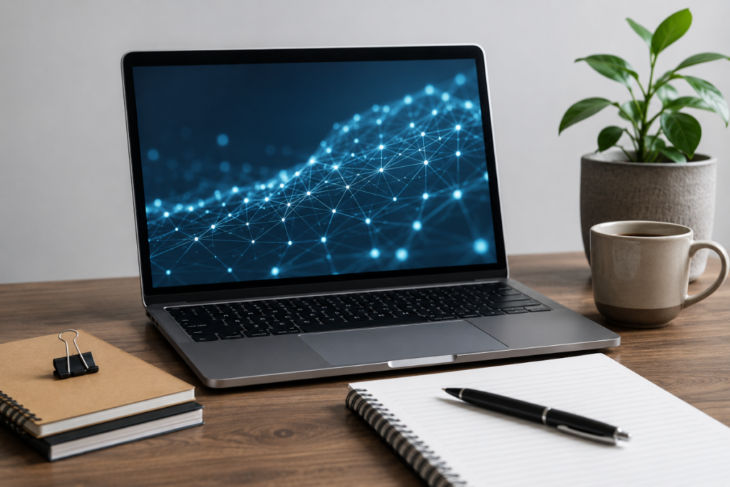 Laptop z wizualizacją sztucznej inteligencji wykorzystywanej w AI copywritingu i tworzeniu treści internetowych.