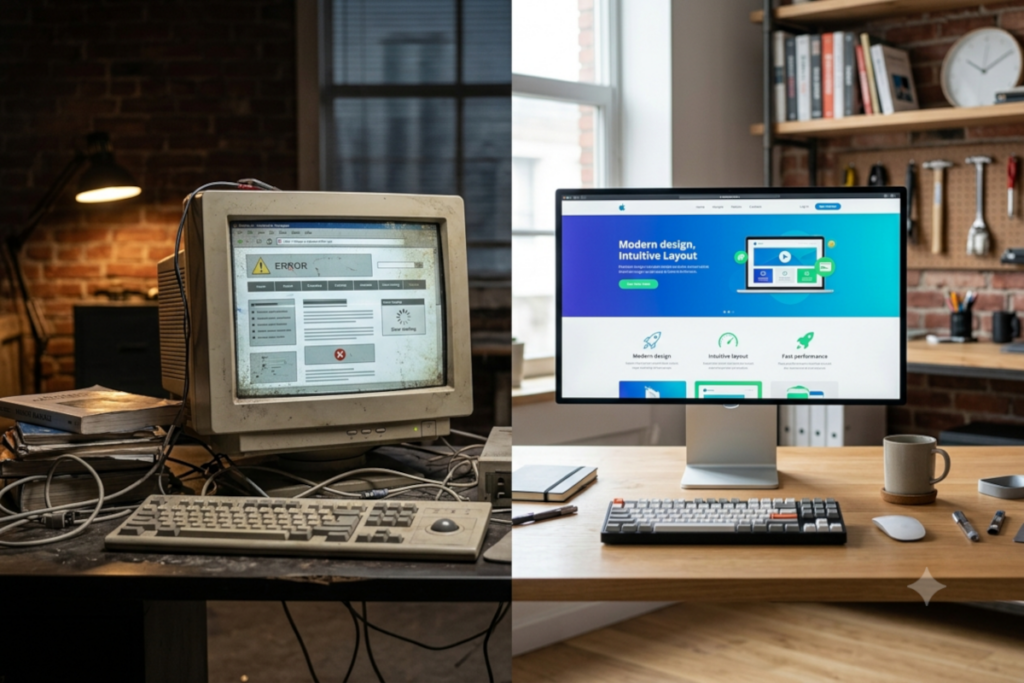 Porównanie: modernizacja strony internetowej kontra nowa strona internetowa. Po lewej przestarzała witryna z błędami na starym komputerze, po prawej nowoczesny projekt strony WWW na płaskim monitorze.
